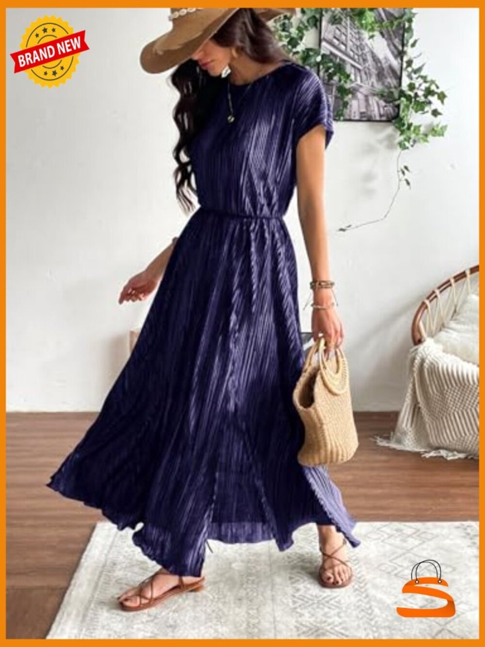 Casual Short Sleeve Maxi Dress with Ruffle Pleated Swing Silhouette - Picture 4 of 7